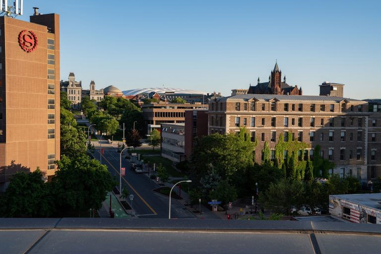 Campus Scenes Summer University Ave looking South Towards Crouse College Huntington Hall Newhouse II from Whitman Terrace and Roof