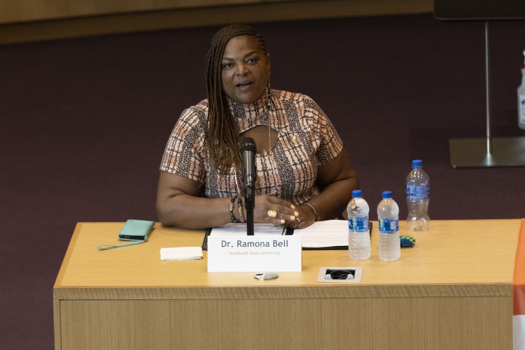Ramona Bell speaks during the Title IX panel