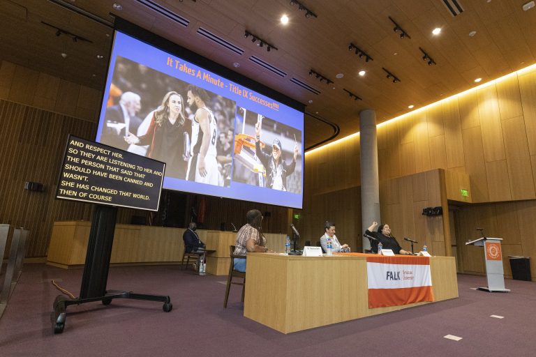 Dr. Tracey Salisbury speaks during a Title IX panel discussion, Saturday, at Melanie Gray Ceremonial Courtroom in Dineen Hall at Syracuse University.