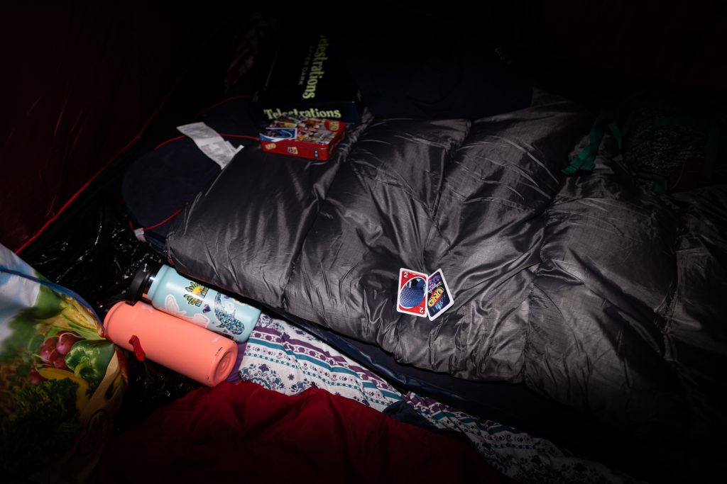The inside of a camper's tent on the night before the Duke game.