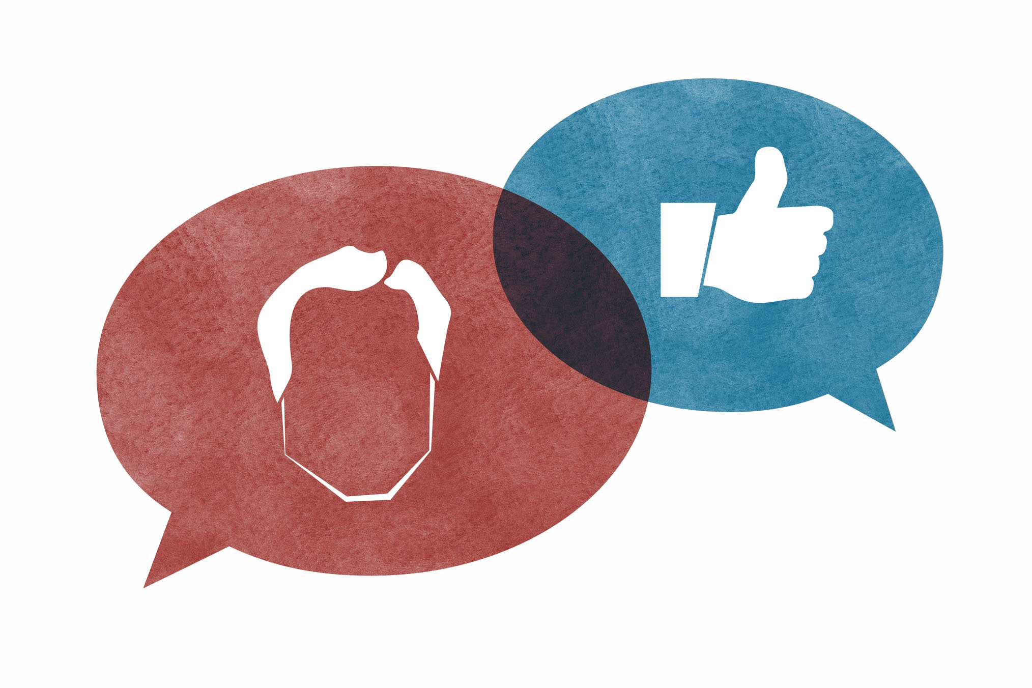 Two overlapping speech bubbles with politician who is being approved.