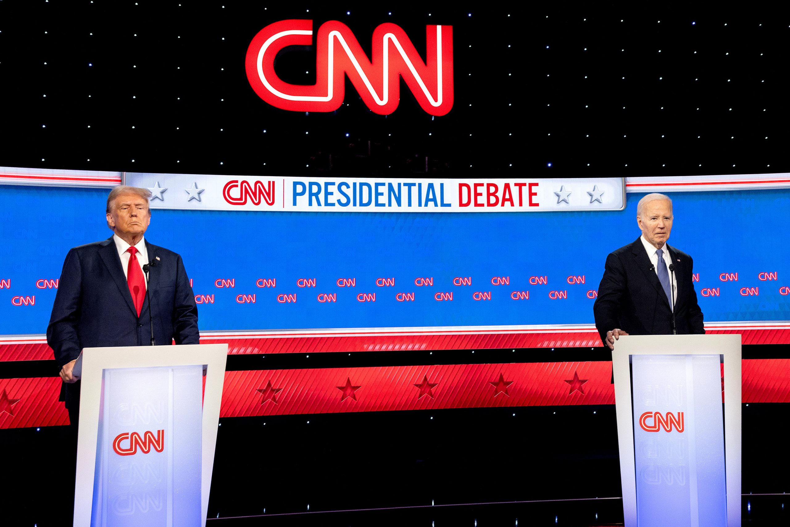 US President Joe Biden, right, and former US President Donald Trump during the first presidential debate in Atlanta, Georgia, US, on Thursday, June 27, 2024.