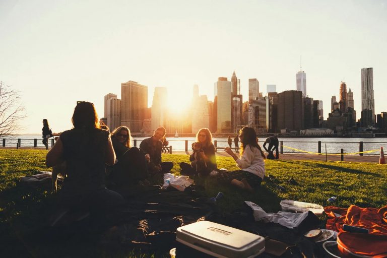 People sitting outside in a park with the New York City skyline in the background.