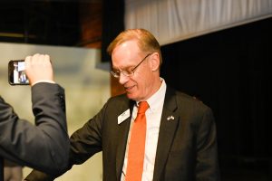 SU Chancellor Kent Syverud arrives at the MoST in downtown Syracuse on Thursday, April 25.