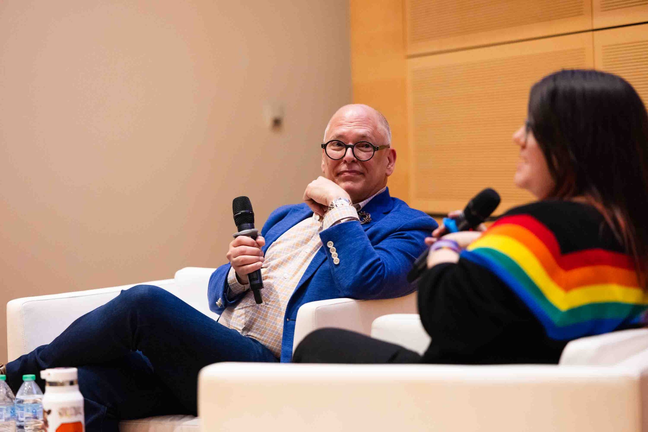 Jim Obergefell in blue blazer looks to LGBTQ+ Resource Center Director Emily Stewart during the 7th Annual Potash Keynote Speaker event on Wednesday.