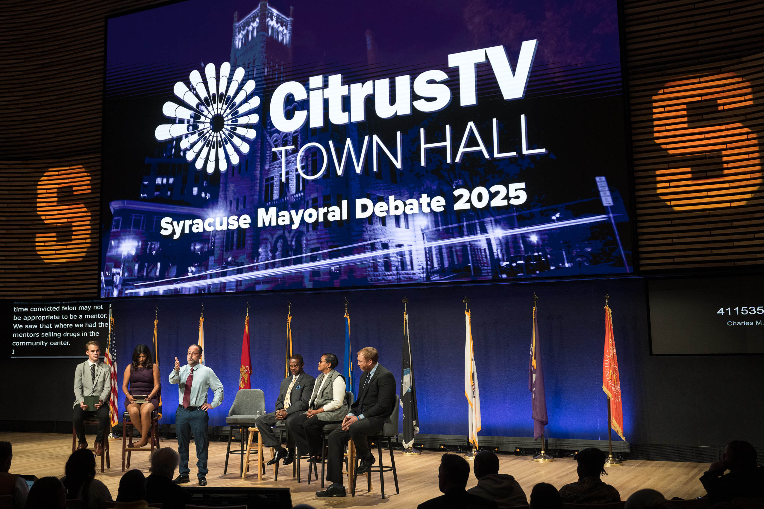 From left to right, Luke Radel, Anjana Dasam, Tom Babilon. Alfonso Davis, Sharon Owens, and Tim Rudd at the CitrusTV Town Hall Syracuse Mayoral Debate on Oct. 20, 2205 at Syracues University's National Veterans Resource Center.