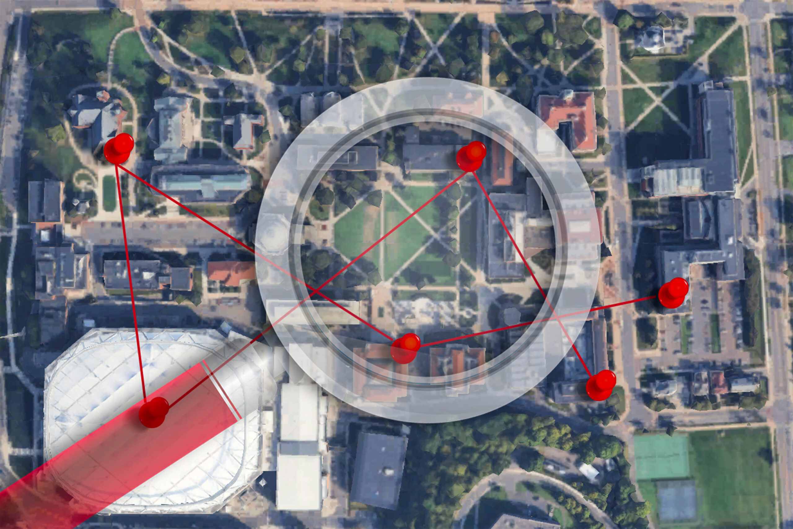 A birds-eye view of the Syracuse University Campus with red pins connected by red string on each building the Syracuse Pisser vandalized. A semi-translucent magnifying glass rests over the campus.
