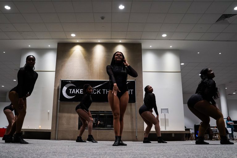 Syracuse Universities Majorette team, the Citrus Dolls, performs at the Take Back the Night Event at the Schine Student Center on Thursday. (Photo by Jack Henry / Newhouse School)
