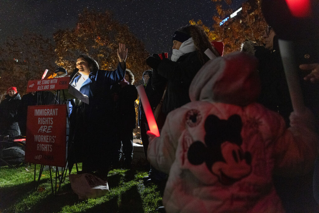 Kayla Kelechian gives remarks at a community rally demanding ICE to release Alex Gonzalez and Yan Vasquez. the Central New York Labor Council hold a community rally demanding ICE to release Alex Gonzalez and Yan Vasquez at the Syracuse Federal Building on Monday, Nov. 10.