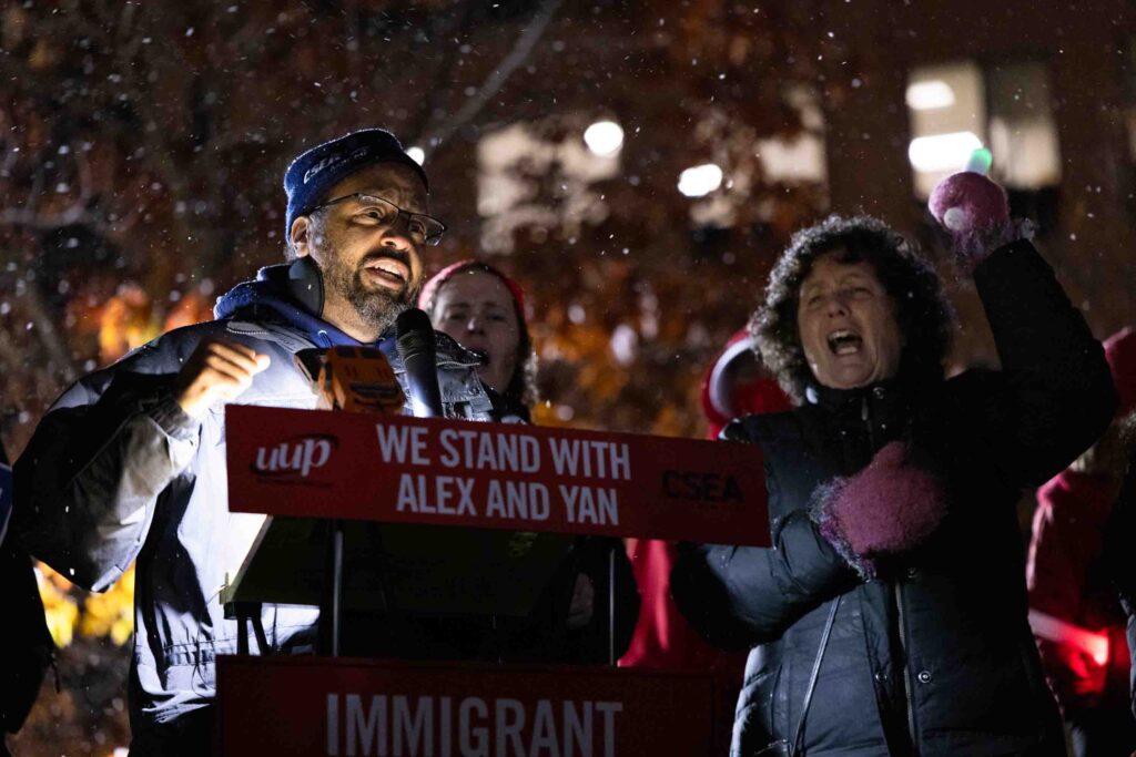 Ali Cotrell, CSEA SUNY Upstate Medical University Local President, speaks and cheers during the protest held in front of the Federal Building in downtown Syracuse on Nov. 10, 2025.