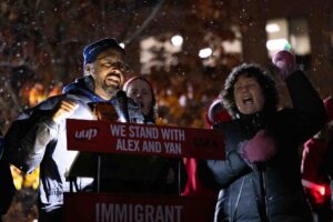 Ali Cotrell, CSEA SUNY Upstate Medical University Local President, speaks and cheers during the protest held in front of the Federal Building in downtown Syracuse on Nov. 10, 2025.