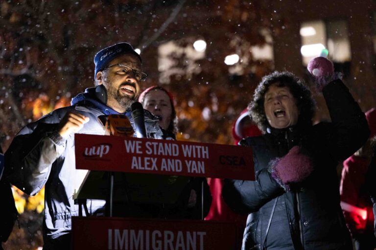 Ali Cotrell, CSEA SUNY Upstate Medical University Local President, speaks and cheers during the protest held in front of the Federal Building in downtown Syracuse on Nov. 10, 2025.