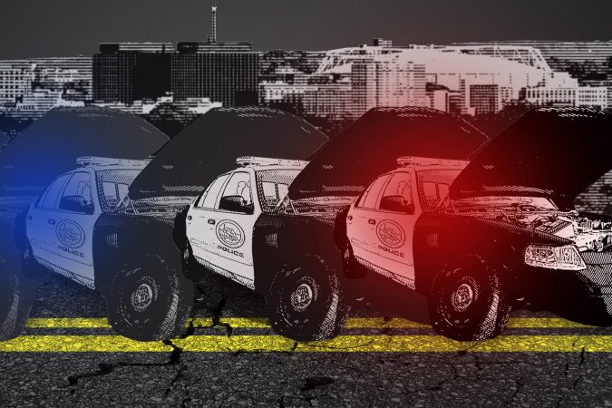 Illustration of multiple Syracuse Police patrol cars with damage to the front section and hood raised with Syracuse city skyline in the background.