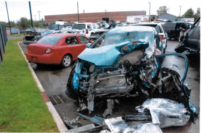 The damage to civilian Susan Harrington's vehicle after a collision with a Washington County Sheriff's Office vehicle in Argyle, Washington County, in 2019. The driver, Deputy Cori Winch, fell asleep at the wheel and crashed head on into Harrington's vehicle, according to an Attorney General's investigation of the incident. Harrington died in the accident. Credit: Provided, New York Attorney General’s Office