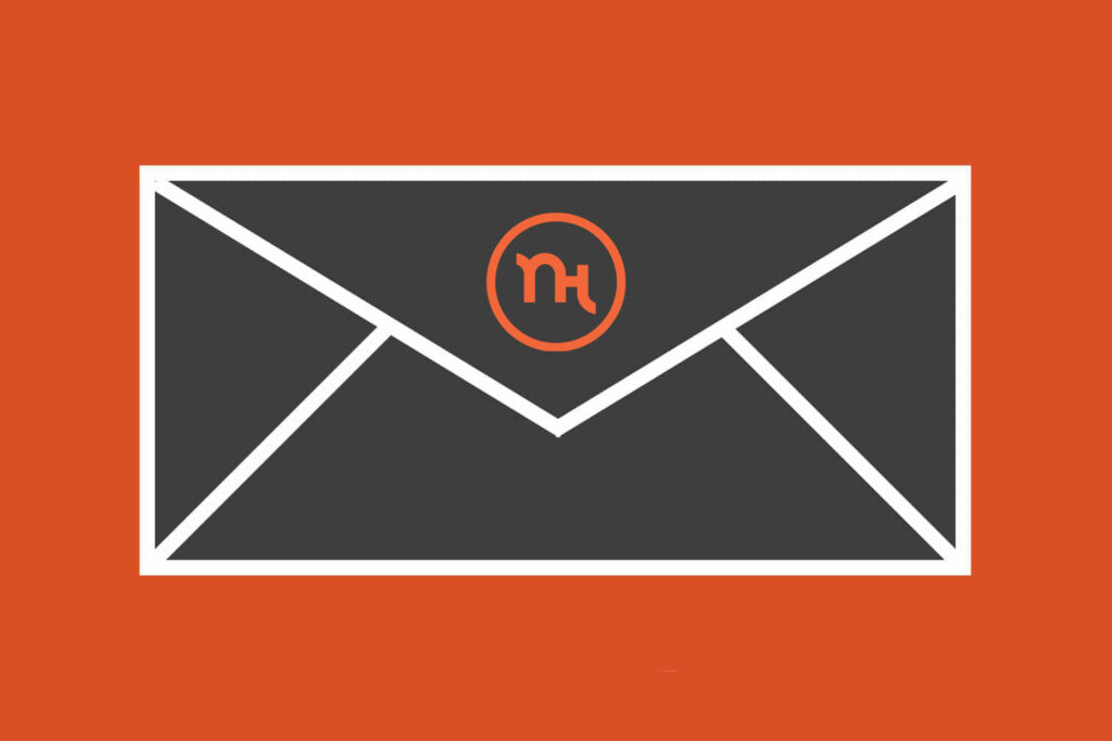 Illustration with a gray envelope and NewsHouse logo against an orange background