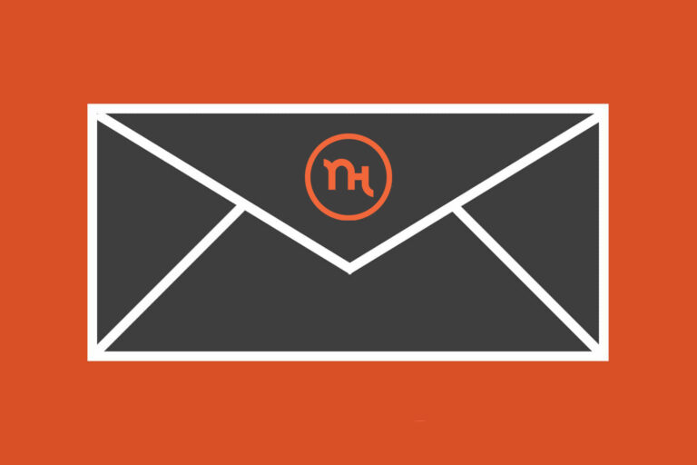 Illustration with a gray envelope and NewsHouse logo against an orange background