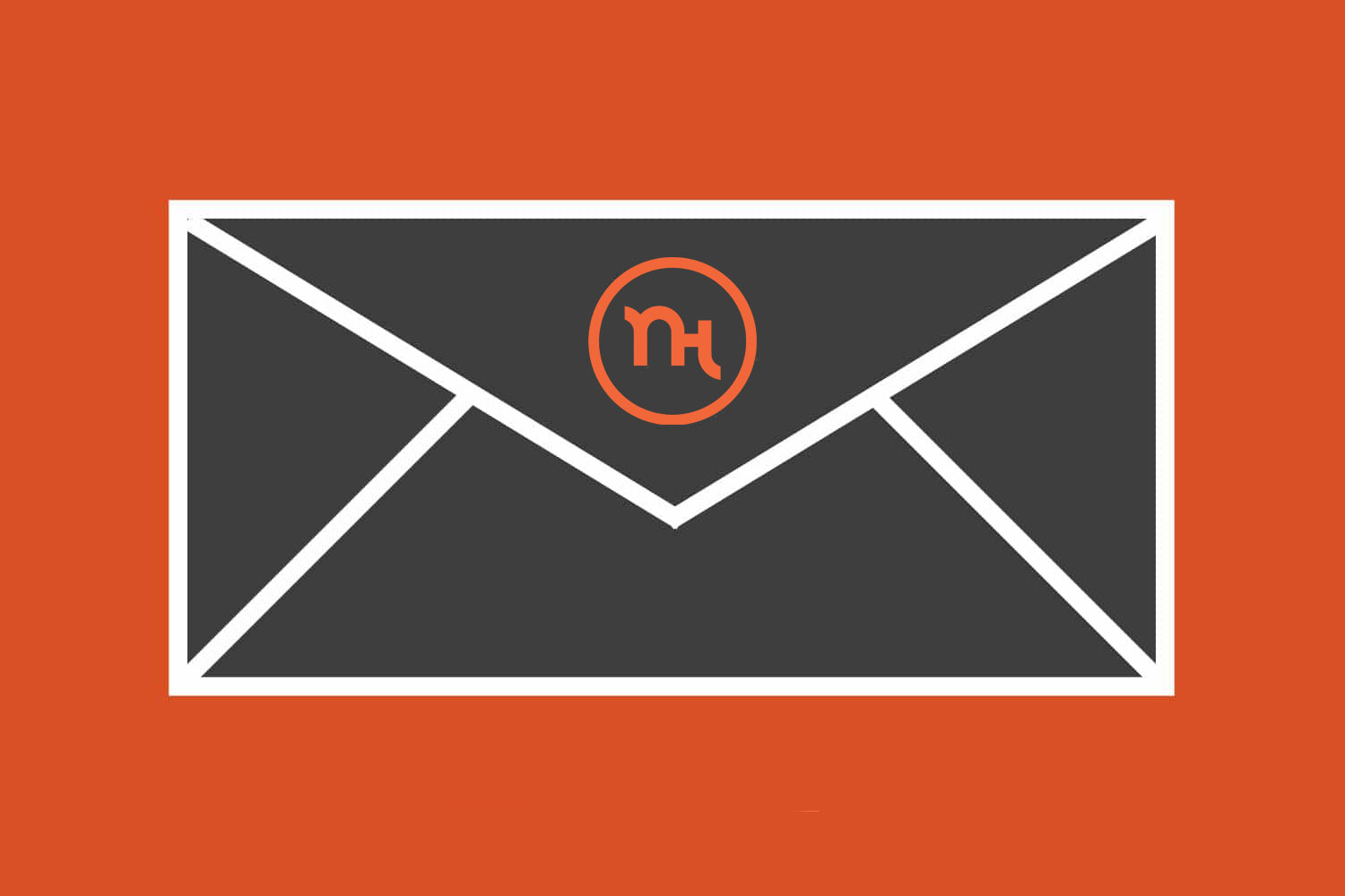 Illustration with a gray envelope and NewsHouse logo against an orange background