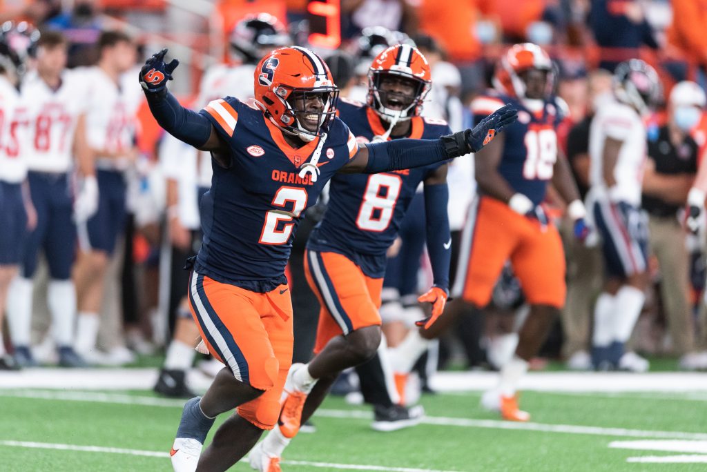 Football Game Syracuse University vs Liberty, September 24, 2021. Marlowe Wax celebrating a sack.