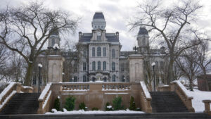 The Hall of Languages sits covered in snow after the first snowfall of the season.