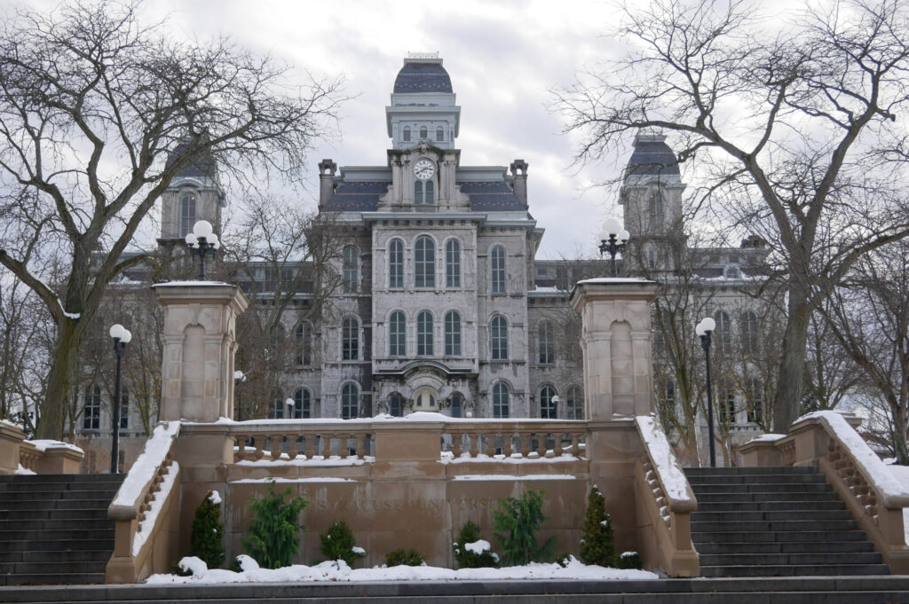 The Hall of Languages sits covered in snow after the first snowfall of the season.