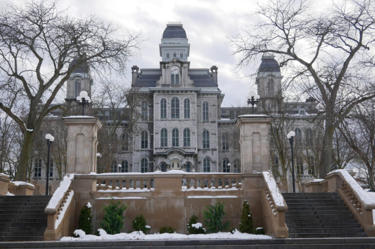 The Hall of Languages sits covered in snow after the first snowfall of the season.
