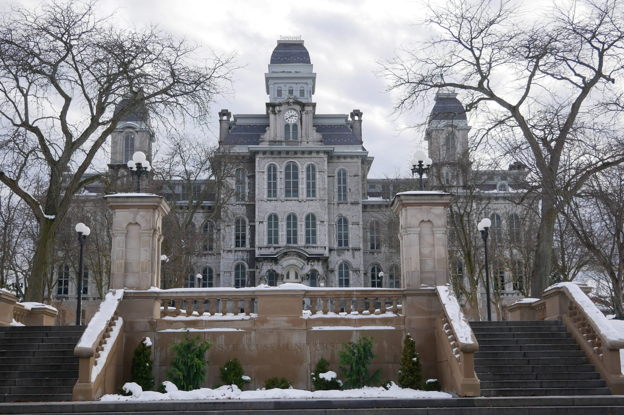 The Hall of Languages sits covered in snow after the first snowfall of the season.