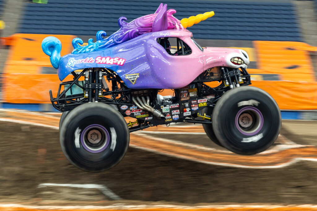 Sparkle Smash is driving the track at the driver rehearsal in the JMA Wireless Dome on Friday 10/23/26 ahead of the Monster Jam event the fow