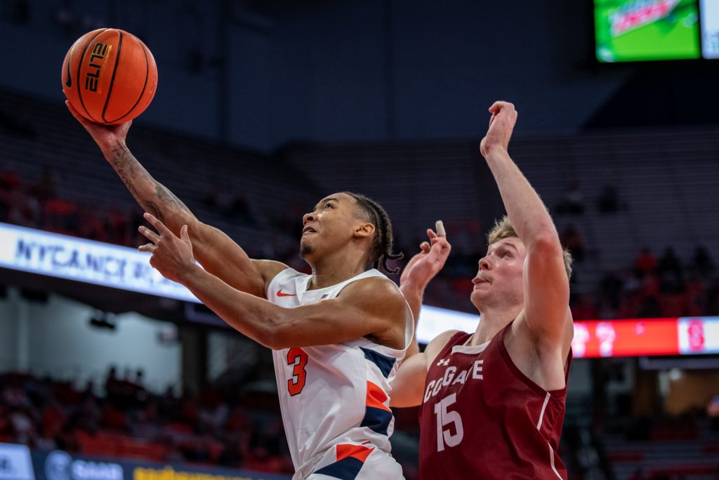 Freshman star Judah Mintz goes up for a layup in a game against Colgate on November 15, 2022.