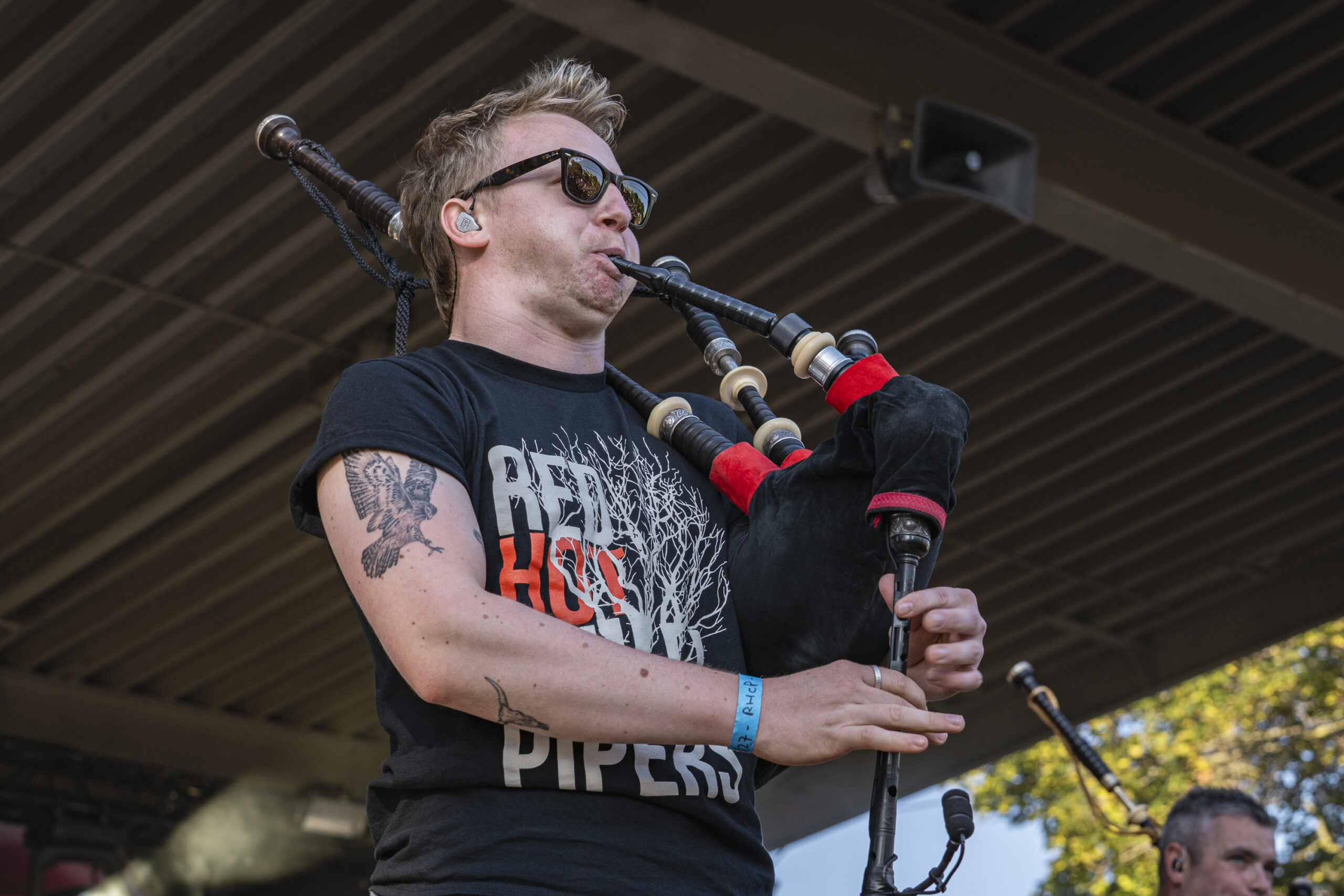 The Red Hot Chili Pipers brought their unique brand of “bagrock” to Chevy Court at the New York State Fair in Syracuse, N.Y., on Wednesday, Aug. 28, 2024. Formed in Scotland in 2002, the band has gained international attention for blending traditional Great Highland bagpipes with rock and pop classics, covering artists from AC/DC to Coldplay.