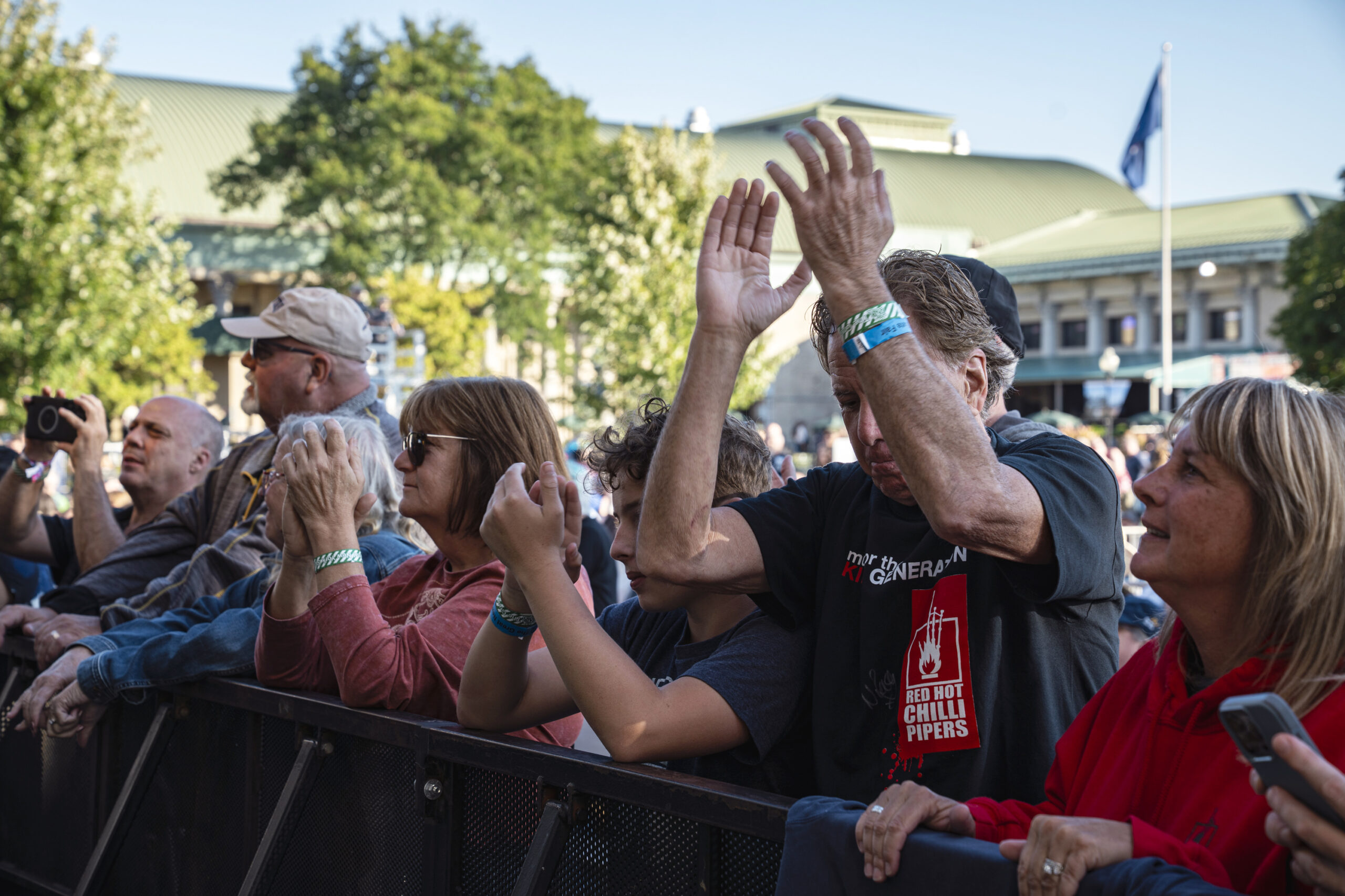 Audience members applaud to the Red Hot Chili Pipers' performance at the New York State Fair in Syracuse, N.Y., on Wednesday, Aug. 27, 2025.