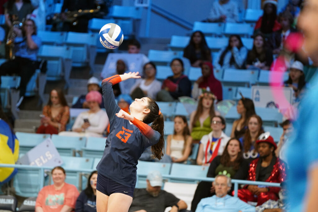 Middle blocker Abby Nicholson serves the ball during Syracuse's Oct. 30 match against the North Carolina Tar Heels in Chapel Hill. Photo courtesy of SU Athletics.