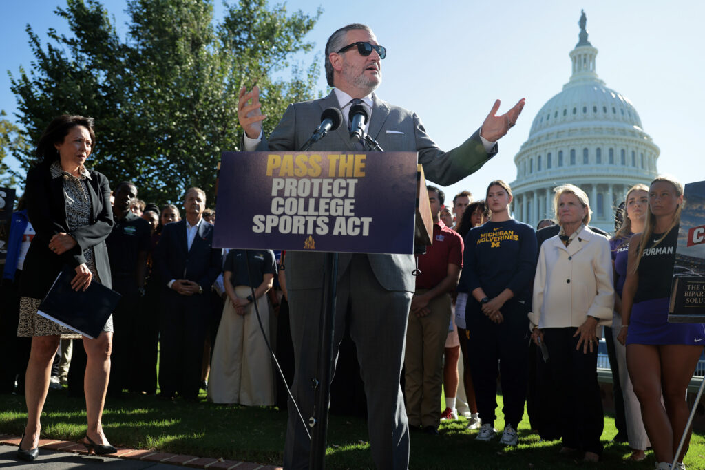 U.S. Senate Committee on Commerce, Science & Transportation Chairman Ted Cruz (R-TX) (C), ranking member Sen. Maria Cantwell (D-WA) (L) and Sen. Shelley Moore Capito (R-WV) hold a news conference with NCAA athletes and coaches about the Protect College Sports Act on September 14, 2026 in Washington, DC. The bill will set rules for college athlete 