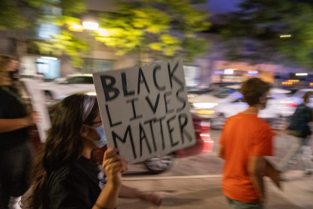 Saturday September 26, 2020. Clinton Square, Syracuse, New York. Rebirth Syracuse hosted a night of peaceful demonstration in response to a report that SPD assaulted a naked Black man who was experiencing a mental health crisis last night. They also seek to remind Syracuse Mayor Ben Walsh of their demands to defund the police.