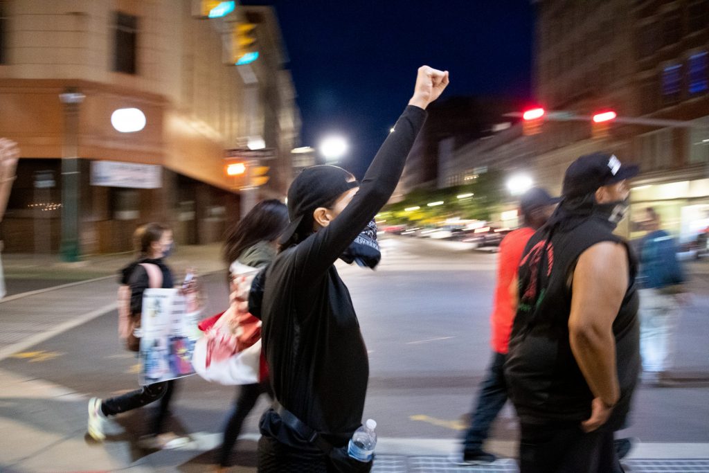 Saturday September 26, 2020. Clinton Square, Syracuse, New York. Rebirth Syracuse hosted a night of peaceful demonstration in response to a report that SPD assaulted a naked Black man who was experiencing a mental health crisis last night. They also seek to remind Syracuse Mayor Ben Walsh of their demands to defund the police.
