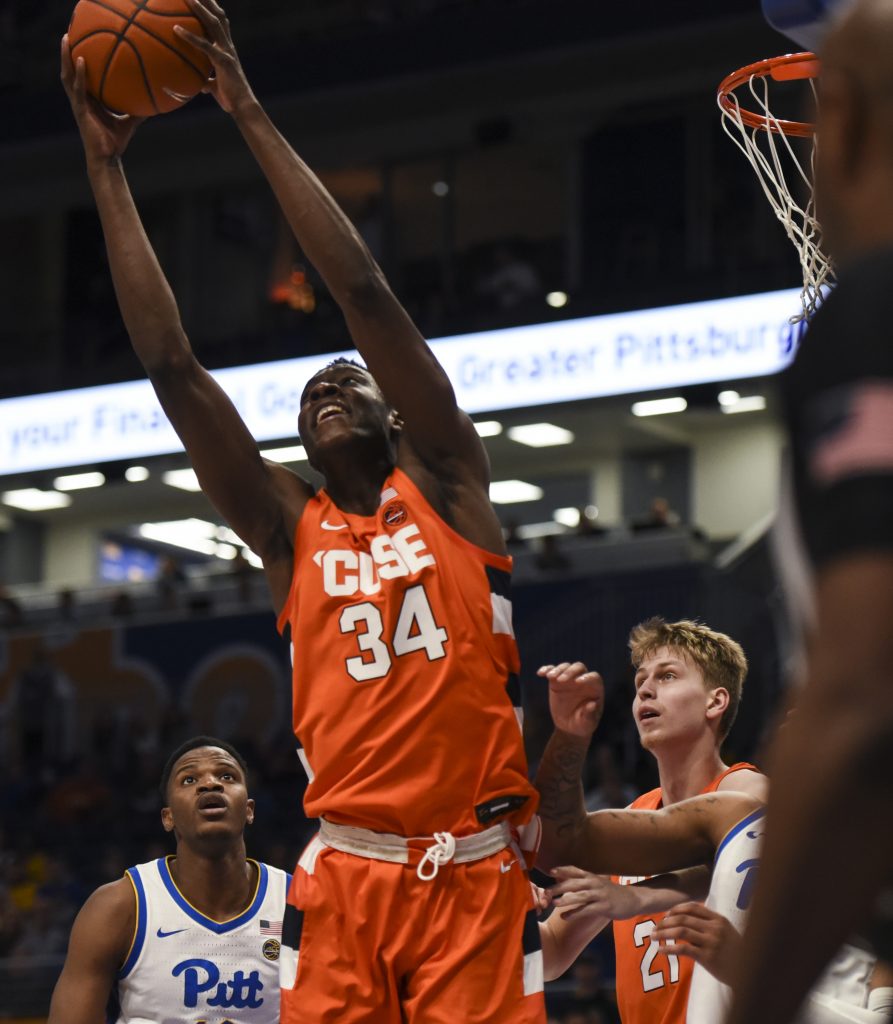 Bourama Sidibe soars for one of his 10 rebounds vs. Pitt on Wednesday, Feb. 26, 2020.