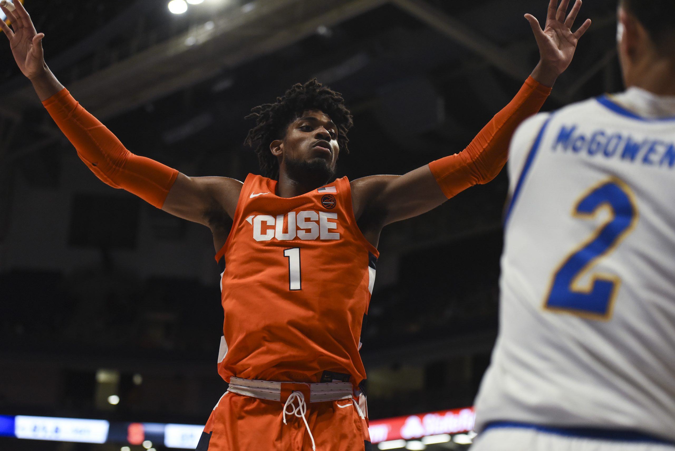 Quincy Guerrier tries to defend an inbound pass vs. Pitt on Wednesday, Feb. 26, 2020.