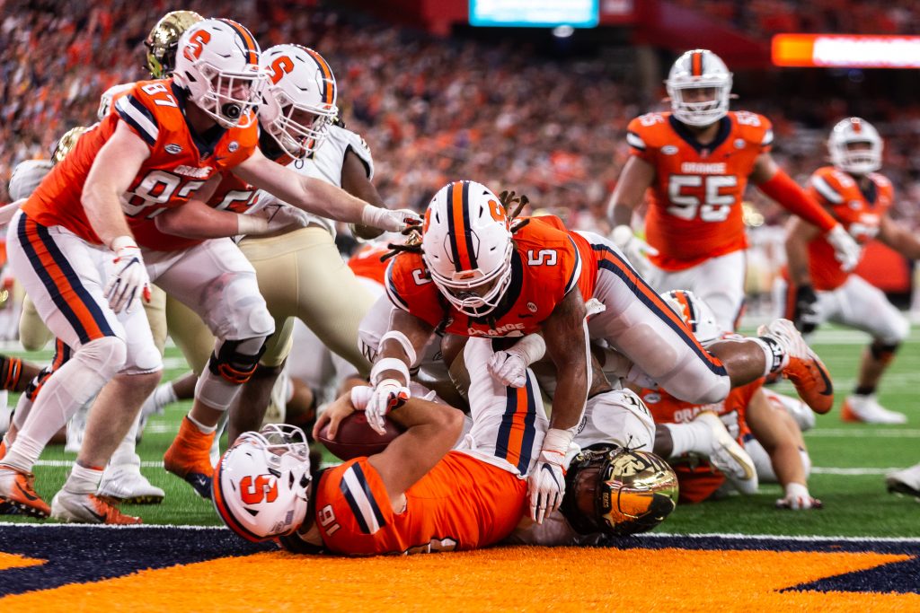 Football Game Syracuse University vs Wake Forest, October 9, 2021. Garrett Shrader scoring a touchdown.