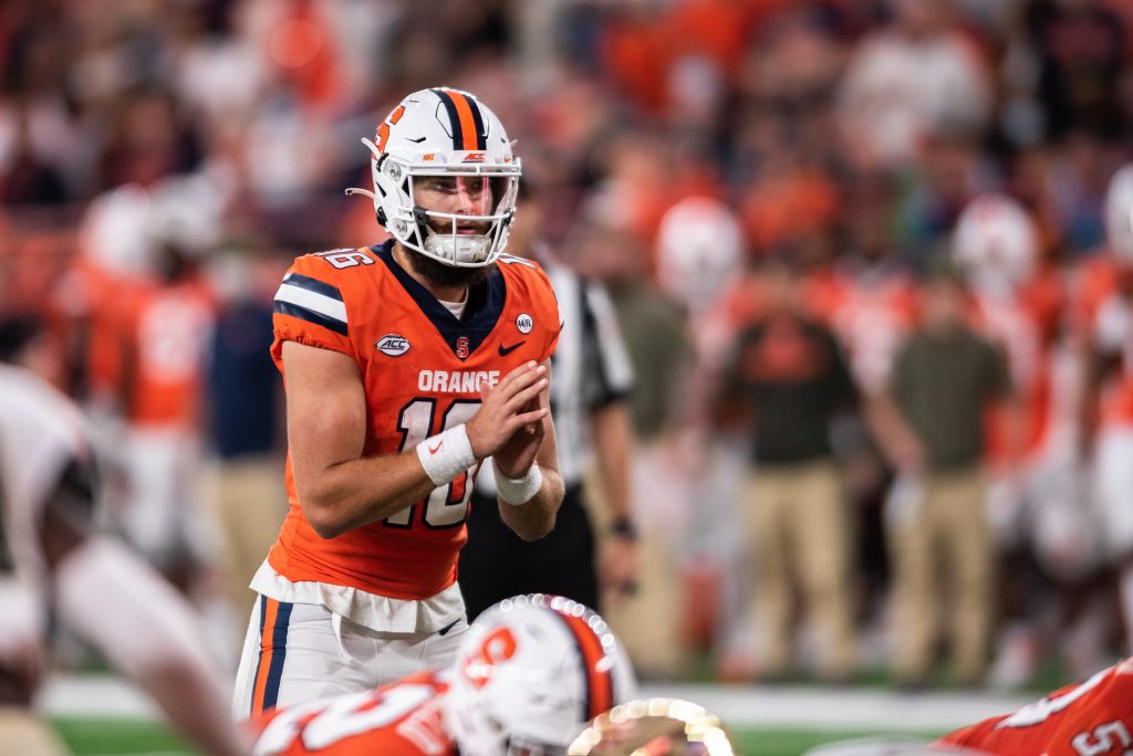 Football Game Syracuse University vs Wake Forest, October 9, 2021. Garrett Shrader ready to catch the ball.