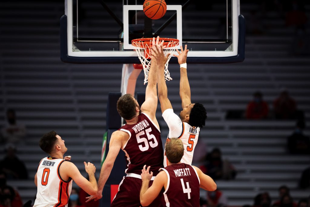 Syracuse and Colgate players go after the ball in the Orange's Nov. 20, 2021, loss in the Dome.