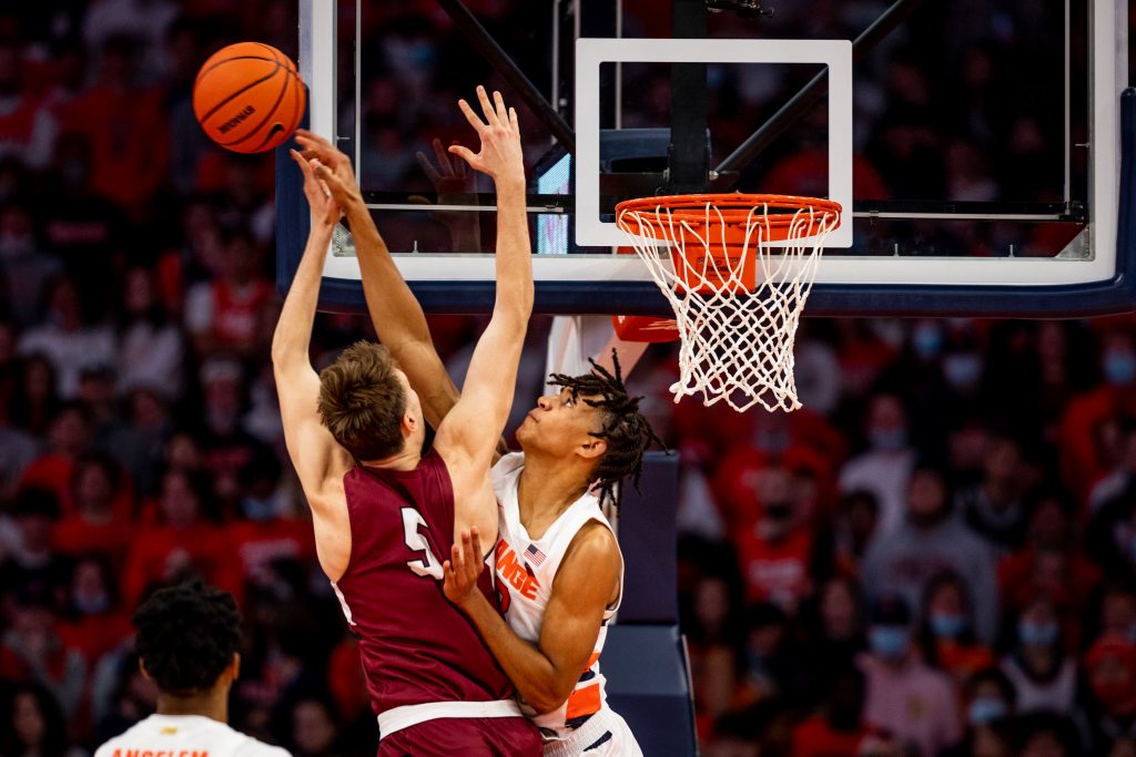 Syracuse guard Benny Williams emphatically blocks Lafayette's Eric Sondberg's dunk attempt. during SU's 97-63 win over the Lafayette Leopards on Nov. 9, 2021 in the Dome.