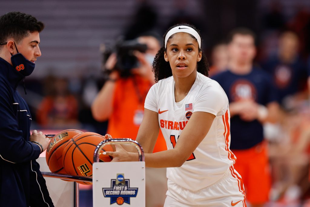 Guard Jayla Thompson grabs a ball for the three-point shoot contest during the Orange Tip-Off Scrimmage on October 22, 2021.