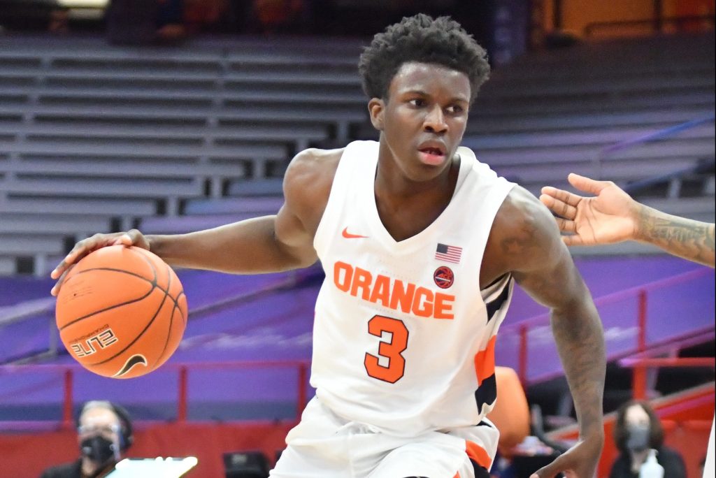 Mar 1, 2021; Syracuse, New York, USA; Syracuse Orange forward Kadary Richmond (3) handles the ball against the North Carolina Tar Heels in the first half at the Carrier Dome. Mandatory Credit: Mark Konezny-USA TODAY Sports