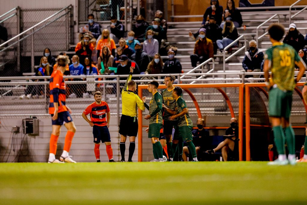 Red card on UVM during the Syracuse University Men's Soccer game vs UVM.