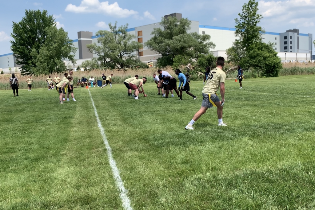 Flag football teams, some staffed by local semi-professional players, meet near the SSA office every weekend for league games.
