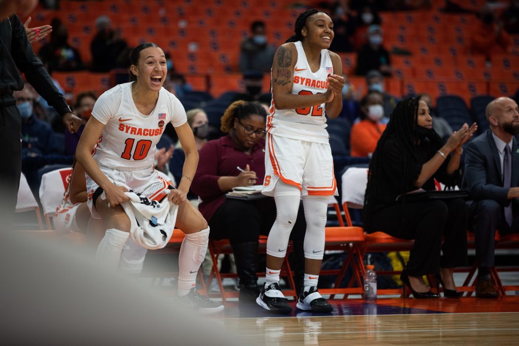 ajé Murray (10) flexes after one of her teammates' buckets in the second half of their win Sunday afternoon.
