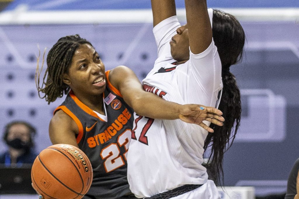 Syracuse's Kiara Lewis puts up a shot during an NCAA college basketball game with Syracuse in the Atlantic Coast Conference tournament at the Greensboro Coliseum in Greensboro, N.C., on Saturday, March 6, 2021.