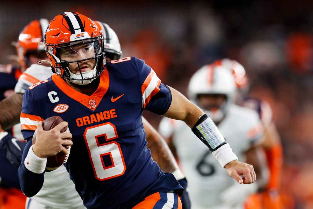 SYRACUSE, NY - SEPTEMBER 23: Garrett Shrader #6 of the Syracuse Orange makes a run for the endzone against the Virginia Cavaliers at JMA Wireless Dome on September 23, 2022 in Syracuse, New York. Shrader scored the only touchdown for the Orange in the 22-20 win. (Photo by Isaiah Vazquez)