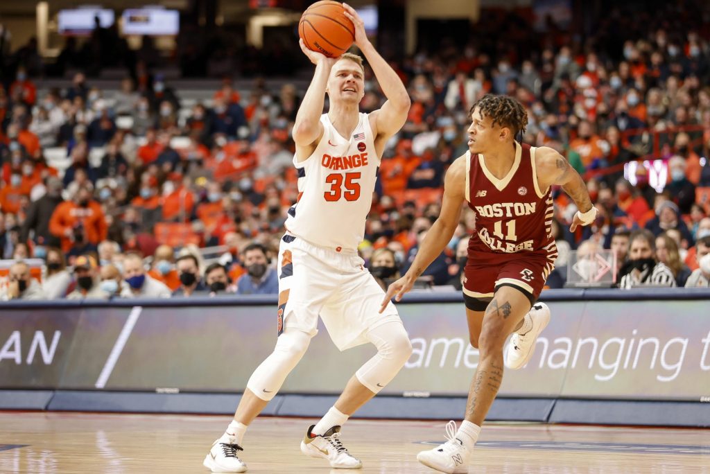 #35 Buddy Boeheim sets up for a shot in a game against Boston College on February 19.