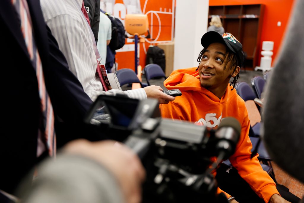 Judah Mintz #3 of the Syracuse Orange talks to media after facing the Georgetown Hoyas at JMA Wireless Dome on December 10, 2022 in Syracuse, New York.