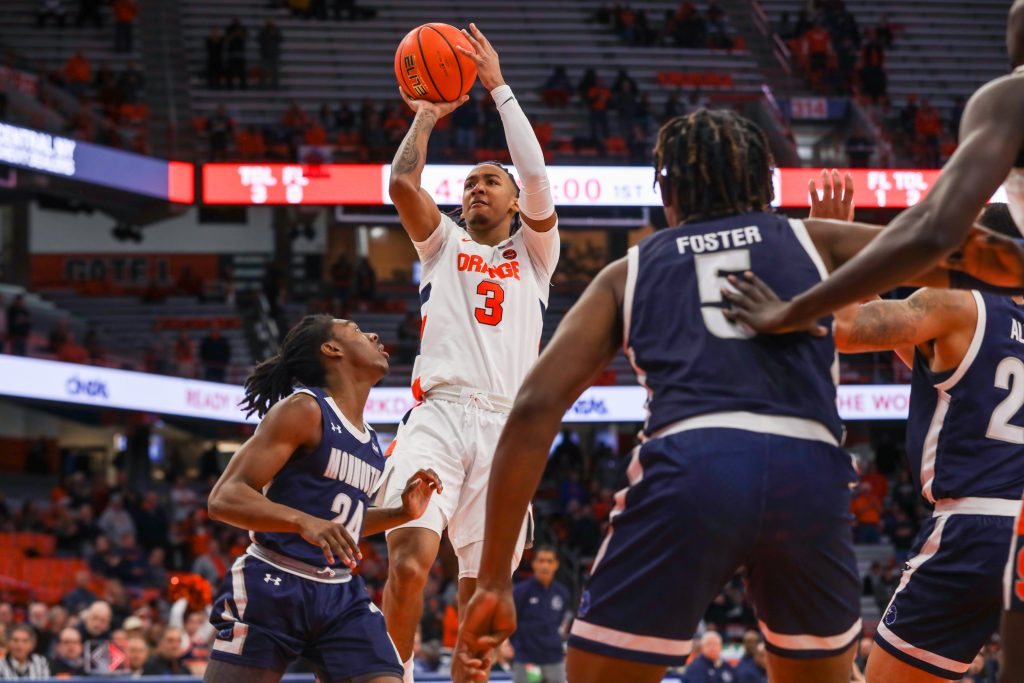 Syracuse's Judah Mintz (3) goes for a shot against Monmouth. 12-12-2022. Taken by Charlotte Little.